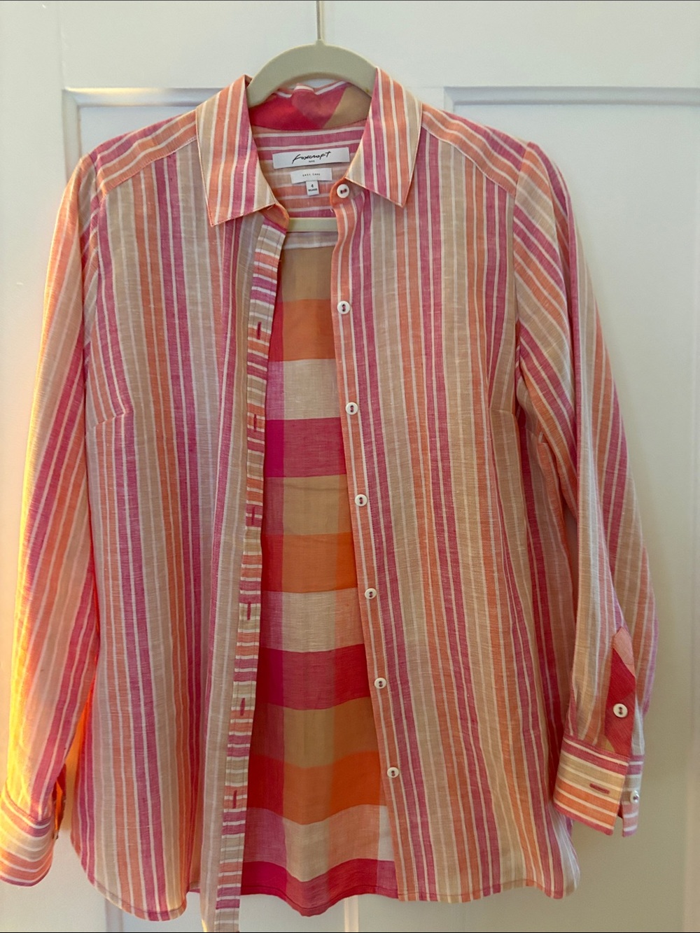 Foxcroft Pink and Orange Striped Button-Front Blouse